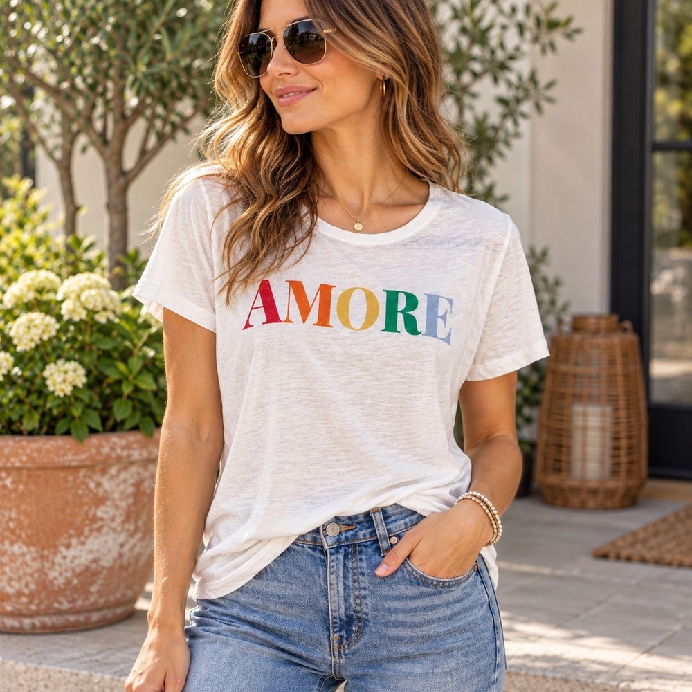 PJ Salvage Amore Graphic Tee Womens Large White Rainbow Pride Slub Knit Shirt